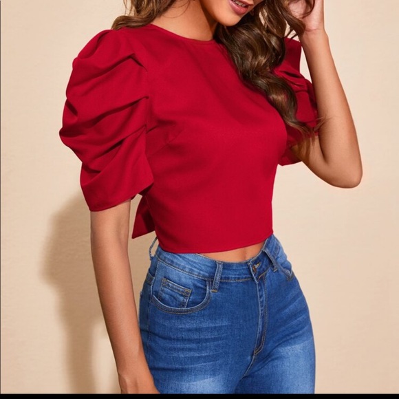 Open Back Tie Puff Sleeve Ruched Classic Top Blouse - Picture 10 of 16